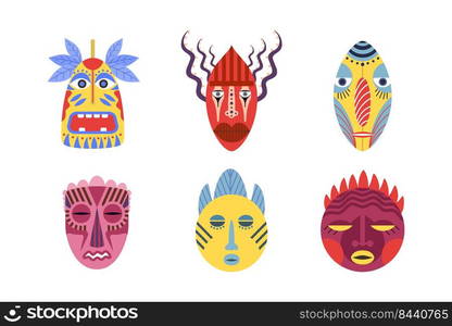 Traditional tribal masks set. African, hawaiian, aztec aboriginal totems for parades and carnivals. Vector illustration for religion, ornament, souvenir, native culture concept