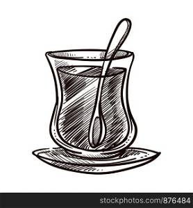 Traditional Turkish beverage tea in small glass cup and plate. Aromatic drink prepared according to oriental recipes. Mug with spoon inside, natural liquid monochrome sketch vector illustration. Traditional Turkish beverage tea in glass vector illustration