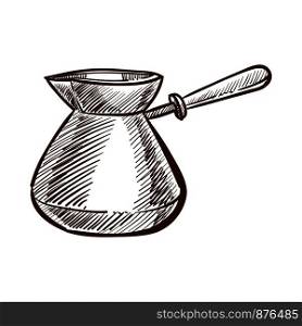 Traditional Turkish coffee preparation process monochrome sketch outline. Cezve made of metal with handle to cook tasty beverage. Oriental recepies of ethnic drinks isolated on vector illustration. Traditional Turkish coffee preparation process sketch vector illustration