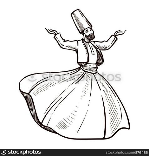 Traditional turkish dervish dances monochrome sketch outline. Man wearing costume made up of dress and jacket, high hat. Male whirling hands up giving performance isolated on vector illustration. Traditional Turkish dervish dances monochrome sketch vector illustration