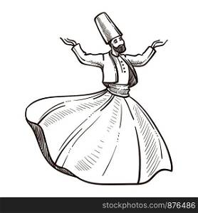 Traditional turkish dervish dances monochrome sketch outline. Man wearing costume made up of dress and jacket, high hat. Male whirling hands up giving performance isolated on vector illustration. Traditional Turkish dervish dances monochrome sketch vector illustration