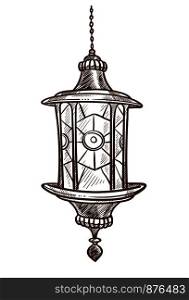 Traditional turkish lantern with glass monochrome sketch outline of object glowing in darkness. Item with symbolic religious meaning for islamic believers isolated on white vector illustration. Traditional Turkish lantern with glass sketch vector illustration