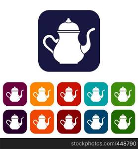 Traditional Turkish teapot icons set vector illustration in flat style In colors red, blue, green and other. Traditional Turkish teapot icons set flat