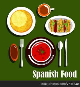 Traditional vegetarian dinner of spanish cuisine icon with tomato gazpacho cold soup with vegetables, tortilla egg omelet, fresh bell pepper sticks with herbs, bread roll and hot chocolate. Flat style. Vegetarian dishes of spanish cuisine