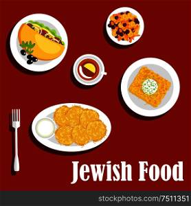 Traditional vegetarian jewish food menu icons with potato pancakes, sour cream, kugel noodle casserole, falafel sandwich filled with vegetables and olives, stewed carrots with fruits, tea with lemon. Jewish cuisine vegetarian dishes and pastry