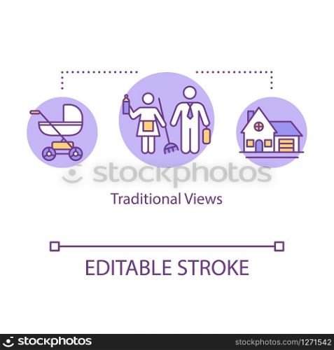 Traditional views concept icon. Social gender roles stereotypes. Male and female inequality and differences idea thin line illustration. Vector isolated outline RGB color drawing. Editable stroke