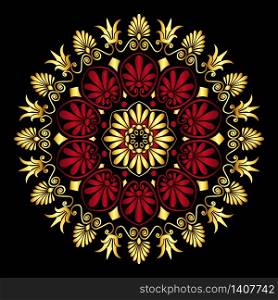 Traditional vintage gold and red circle Greek ornament and floral pattern on black background. vector gold Greek ornament Meander