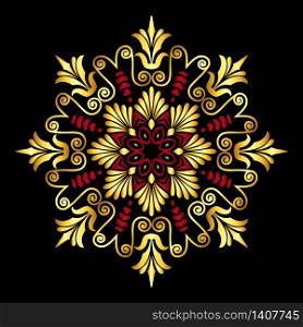 Traditional vintage gold and red circle Greek ornament and floral pattern on black background. vector gold Greek ornament Meander