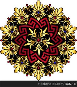 Traditional vintage gold and red circle Greek ornament and floral pattern on white background. vector gold Greek ornament Meander
