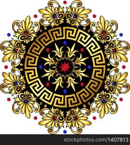 Traditional vintage gold and red circle Greek ornament and floral pattern on white background. vector gold Greek ornament Meander