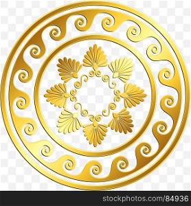 Traditional vintage gold Greek ornament, Meander. Traditional vintage Golden round Greek ornament, Meander and floral pattern on transparent background. Gold pattern for decorative tiles