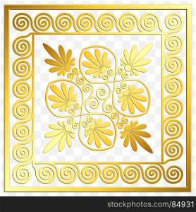 Traditional vintage gold Greek ornament, Meander. Traditional vintage Golden square Greek ornament, Meander and floral pattern on transparent background. Gold pattern for decorative tiles