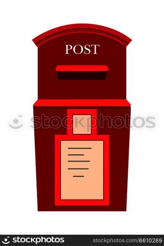 Traditional wall mounted metal mailbox with address plate flat vector illustration. Vintage red mail house for letters icon isolated on white background. Classic postal box for correspondence