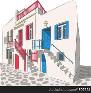 Traditional white greek house on Mykonos island.. Traditional white greek house with blue shutters.