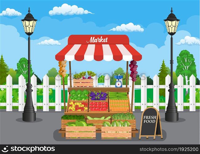 Traditional wooden market food stall full of vegetables products , crates and chalk board. Vector illustration in flat style. Traditional wooden market food stall