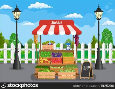 Traditional wooden market food stall full of vegetables products , crates and chalk board. Vector illustration in flat style. Traditional wooden market food stall