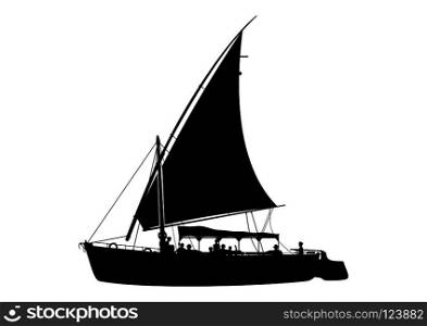 Traditional wooden sailing boat called felucca. Egyptian boat trip. Side view. Flat vector.