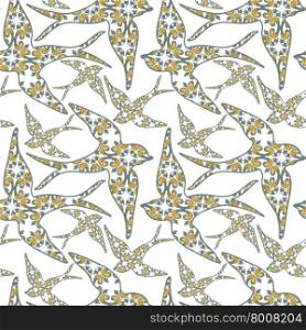 Traditionall portuguese swallow and azulejo tiles background. Seamless portuguese icon background pattern in vector. Spring little swallow birds seamless pattern.