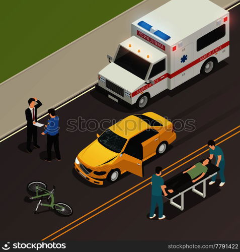 Traffic accident scene of car collision with bicycle isometric composition with drivers involved and ambulance vector illustration . Traffic Accident Scene Isometric Composition