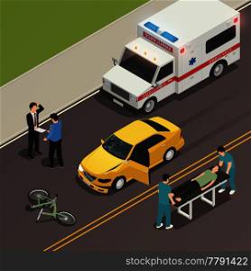 Traffic accident scene of car collision with bicycle isometric composition with drivers involved and ambulance vector illustration . Traffic Accident Scene Isometric Composition