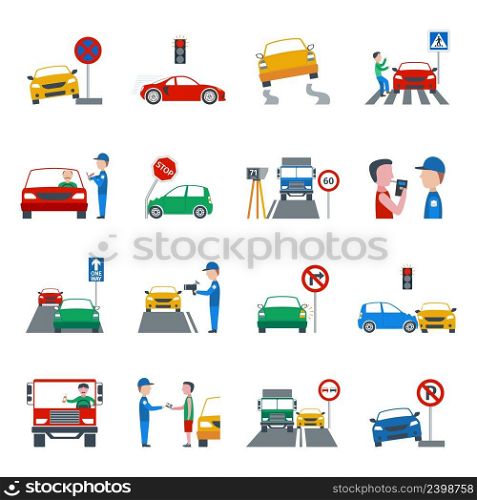Traffic and driving violation flat icons set isolated vector illustration. Traffic Violation Icons Set
