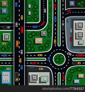 Traffic city roads intersections top view flat poster plan map detail toddler baby floor mat vector illustration . Traffic City Top Flat Poster