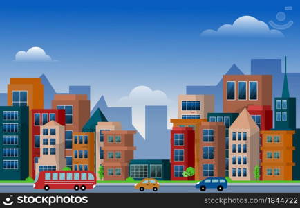 Traffic City Urban Skyscraper Building Cityscape View Flat Design Illustration