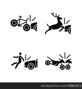 Traffic collision scenarios black glyph icons set on white space. Bicycle crash. Colliding with wildlife. Hitting pedestrian. Motorcycles accident. Silhouette symbols. Vector isolated illustration. Traffic collision scenarios black glyph icons set on white space