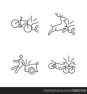 Traffic collision scenarios linear icons set. Bicycle crash. Colliding with wildlife. Hitting pedestrian. Customizable thin line contour symbols. Isolated vector outline illustrations. Editable stroke. Traffic collision scenarios linear icons set