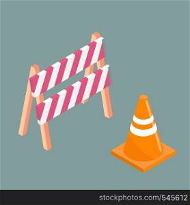 Traffic cone and barrier board with white red stripes isolated on white background. Road repair, under construction road sign. Flat 3d vector isometric illustration. Traffic cone and barrier board isolated on white background. Vector isometric illustration. Sign for road repair.