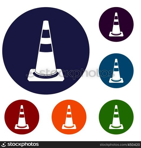 Traffic cone icons set in flat circle reb, blue and green color for web. Traffic cone icons set