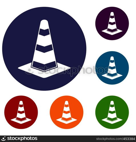 Traffic cone icons set in flat circle reb, blue and green color for web. Traffic cone icons set