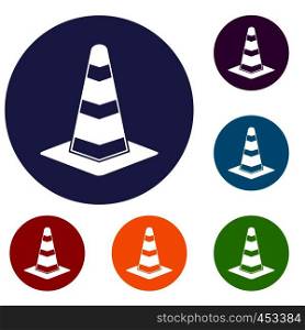 Traffic cone icons set in flat circle reb, blue and green color for web. Traffic cone icons set