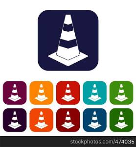 Traffic cone icons set vector illustration in flat style In colors red, blue, green and other. Traffic cone icons set