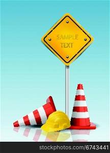 Traffic Cones and Yellow Sign with Hard Cap