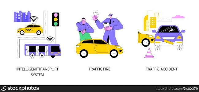 Traffic control abstract concept vector illustration set. Intelligent transport system, traffic fine, road accident, smart driverless car, speed control, driving rules violation abstract metaphor.. Traffic control abstract concept vector illustrations.