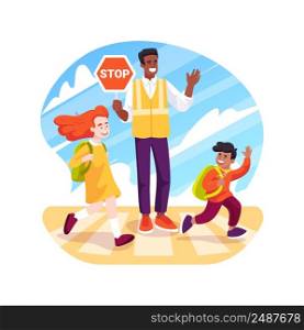 Traffic guard isolated cartoon vector illustration. Students road safety, guard walking with stop sign, traffic rules, wearing safety west, school children crossing the street vector cartoon.. Traffic guard isolated cartoon vector illustration.