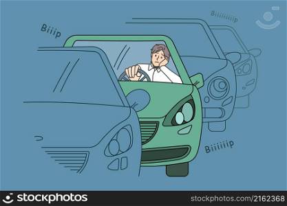 Traffic jam and road situation concept. Confused sad young man driver sitting in car in traffic jam waiting for movement feeling tired to stay in one place vector illustration . Traffic jam and road situation concept.