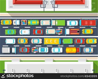 Traffic Jam Top View Poster. Top view poster of traffic jam in city with many different vehicles on road flat vector illustration