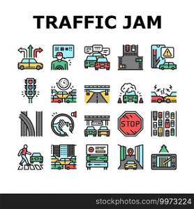Traffic Jam Transport Collection Icons Set Vector. Broken Car And Accident, Traffic Light And Human Crossing Road On Crosswalk Concept Linear Pictograms. Contour Color Illustrations. Traffic Jam Transport Collection Icons Set Vector