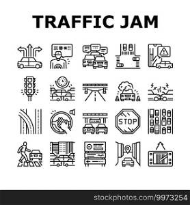 Traffic Jam Transport Collection Icons Set Vector. Broken Car And Accident, Traffic Light And Human Crossing Road On Crosswalk Black Contour Illustrations. Traffic Jam Transport Collection Icons Set Vector