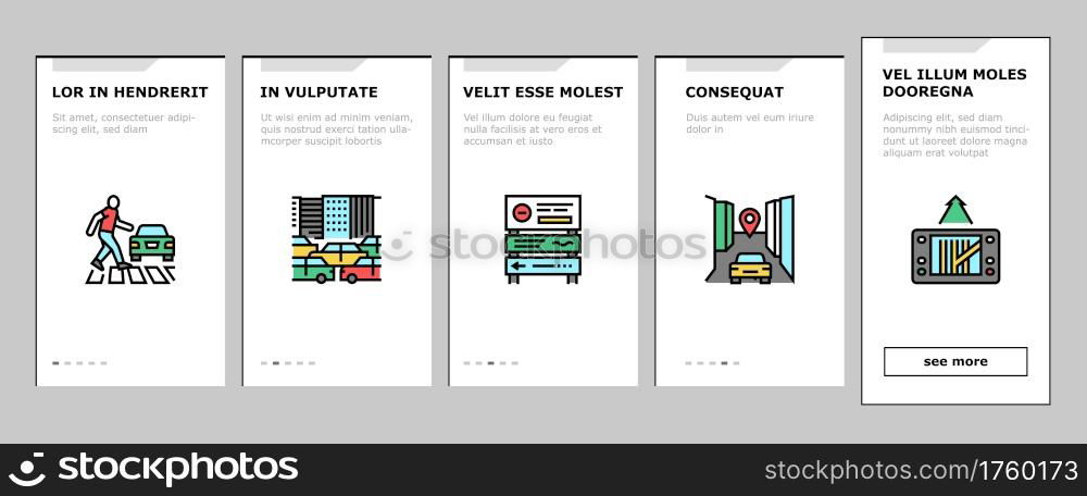 Traffic Jam Transport Onboarding Mobile App Page Screen Vector. Broken Car And Accident, Traffic Light And Human Crossing Road On Crosswalk Illustrations. Traffic Jam Transport Onboarding Icons Set Vector