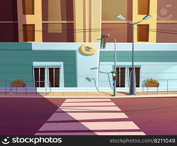 Traffic light and pedestrian crosswalk on city street. Vector cartoon illustration of empty road with stoplight for cars, sidewalk and building in first-person view. Traffic light and crosswalk on city street