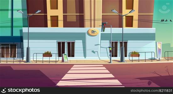 Traffic light and pedestrian crosswalk on city street. Empty road with stoplight for cars, sidewalk and building in first-person view. Urban architecture and infrastructure Cartoon vector illustration. Traffic light and pedestrian crosswalk on street