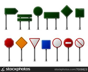 Traffic road realistic signs. Signage signal warning sign stop danger caution speed highway empty parking street board vector set. Traffic road realistic signs. Signage signal warning sign stop danger caution speed highway empty parking street board