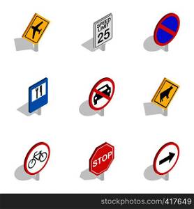 Traffic sign icons set. Isometric 3d illustration of 9 traffic sign vector icons for web. Traffic sign icons, isometric 3d style