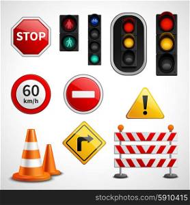 Traffic signs and lights pictograms collection . Road traffic flow regulatory signs and stoplights colorful glossy pictograms collection educative banner realistic vector isolated illustration