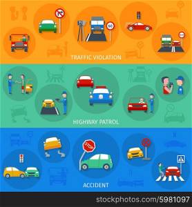 Traffic violation horizontal banner set with road accidents elements isolated vector illustration. Traffic Violation Banner Set