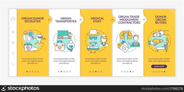 Trafficking for organ trade participants onboarding vector template. Responsive mobile website with icons. Web page walkthrough 5 step screens. Transplantation color concept with linear illustrations. Trafficking for organ trade participants onboarding vector template