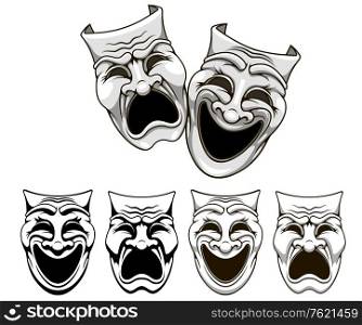 Tragedy and comedy theater masks set in cartoon style